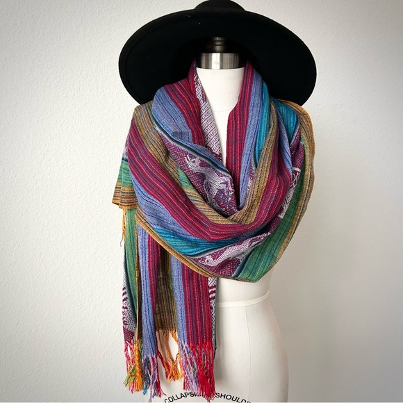 VINTAGE MACHU PICCHU RAINBOW STRIPE EMBROIDRED OVERSIZED SCARF SHAWL - Picture 7 of 10
